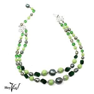 Vintage Green Pearl & Glass Bead Double Strand Necklace Japan 15" - Hey Viv